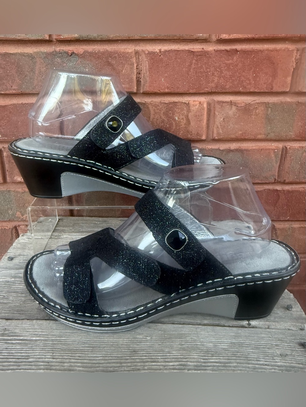 Alegria Loti Sandals Black Silver Glitterati 39 US 9 Wedges Shoes Glitter CUTE!!
